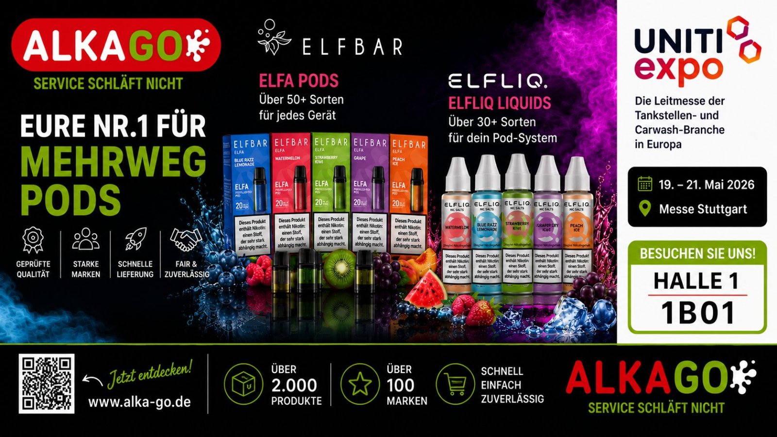 Alka-Go UNITI expo 2026 Stuttgart – Halle 1 Stand 1B01 – Elfbar, Flerbar, 187 Strassenbande