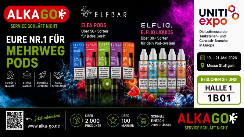Alka-Go UNITI expo 2026 Stuttgart – Halle 1 Stand 1B01 – Elfbar, Flerbar, 187 Strassenbande